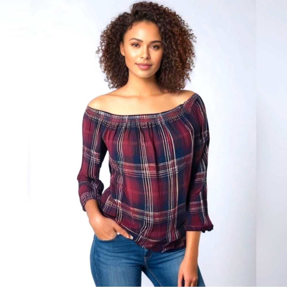 Cloth & Stone Burgundy Plaid Off-Shoulder Blouse